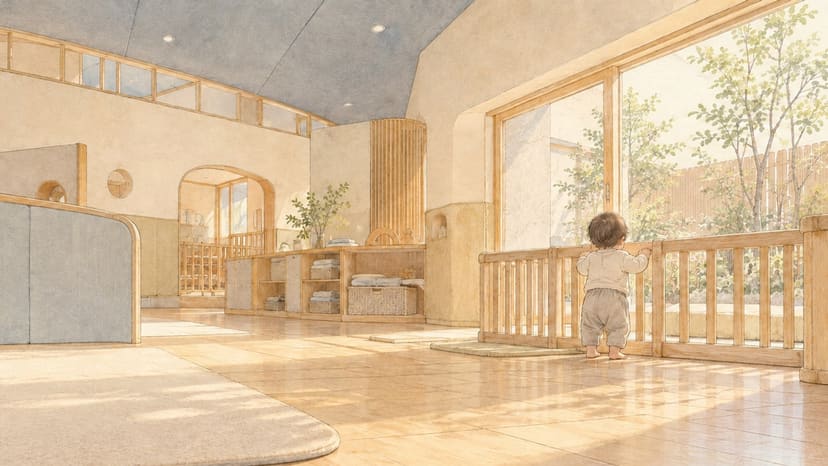 木の低い柵につかまり立ちをして庭を見つめる赤ちゃんと、木製の家具や敷物で仕切られた明るい保育室のイラスト