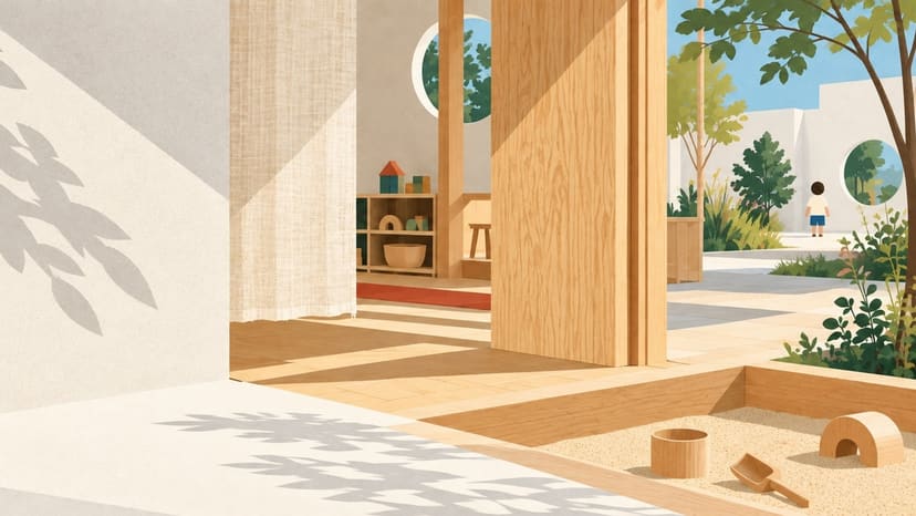 木の建具越しに土間と園庭が見えるイラスト。障子に葉の影が落ち、砂場に木のおもちゃが置かれている